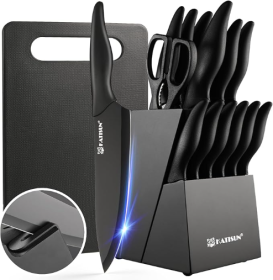 16 Pieces Kitchen Knife Block Set With Cutting Board, German Stainless Steel Knife Set With Sharpener, Dishwasher Safe, Anti-Slip Handle, 6 Steak Kniv