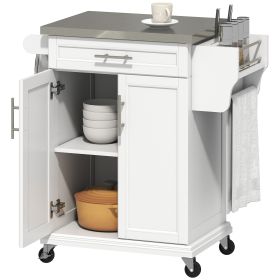Kitchen Island on Wheels, Rolling Kitchen Cart with Stainless Steel Countertop, Drawer, Towel Rack and Spice Rack, Utility Storage Trolley, White