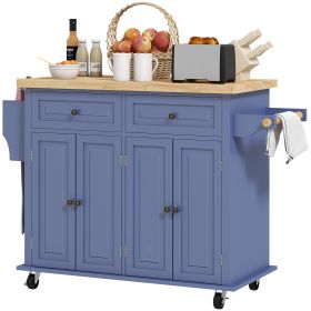 Kitchen Island on Wheels, Rolling Cart with Rubberwood Top, Spice Rack, Towel Rack and Drawers, Navy Blue