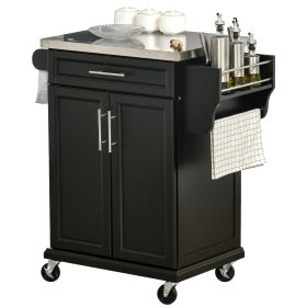 Kitchen Island on Wheels, Rolling Kitchen Cart with Stainless Steel Countertop, Drawer, Towel Rack and Spice Rack, Utility Storage Trolley, Black
