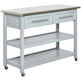 Kitchen Island with Stainless Steel Top, Traditional Kitchen Island with Storage, Butcher Block Cart 2-Tier Open Shelves, Drawers, Light Gray
