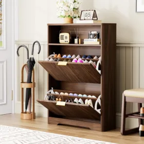 Shoe Cabinet Storage For Entryway Hidden Shoes Storage Cabinet With 2 Flip Drawers, Tall Free Standing Shoe Organizer Rack For Foyer, Hallway. Walnut,