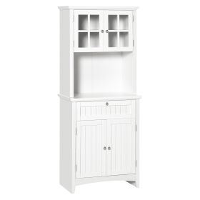 Kitchen Buffet Hutch Cabinet, Freestanding Kitchen Pantry Storage Cabinet Cupboard with Framed Glass Door, Drawer and Microwave Space, White