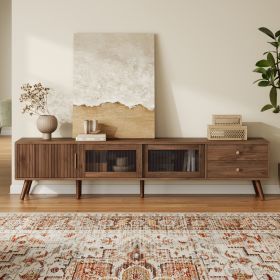 76 Modern Minimal Glass-Doors TV Stand For TVs Up To 85 Inches, Wood-Grain Entertainment Center With Storage Cabinets, TV Media Console Table For Livi