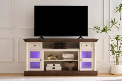 Farmhouse Fireplace TV Stand With Roman Column Styling, Up To 80-inch TV, 70-inch Modern Tall Entertainment Center With LED Lights, Living Room Media