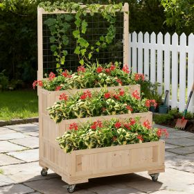 3-Tiers Raised Garden Bed With Trellis, 53'' H Vertical Planter Box With Wheels & Back Storage Area, For Flowers, Vegetables, Herbs, Natural, TIKTOK P