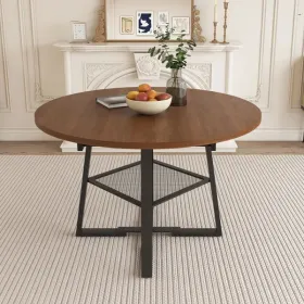 47 Inch Extendable Round Dining Table For 4-8 With Storage, Walnut Finish Circle Dining Table With Metal Frame & Thickened Top, Multi-Functional Kitch
