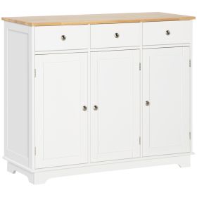 Modern Sideboard with Rubberwood Top, Buffet Cabinet with Storage Cabinets, Drawers and Adjustable Shelves, White