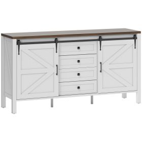 59" Buffet Cabinet, Farmhouse Sideboard with Thick Top, 2 Barn Doors, 4 Drawers and 2 Adjustable Shelves, White