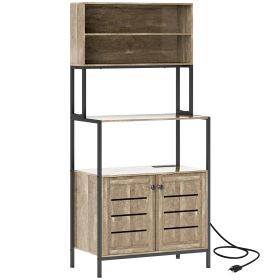 Baker's Rack with Power Outlet and Storage Shelves, Microwave Stand with Louvred Door Cabinets, Gray Wood Grain