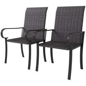 Set of 2 Outdoor Wicker Dining Chairs with Armrest, Steel Frame, High Back and Deep Seating, Brown