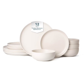 12-Piece Stoneware Dinner Plates Bowls Sets  Microwave & Dishwasher Safe   Non-Toxic Dinner Plates Bowls Set    Stackable Matte Glaze Kitchenware For