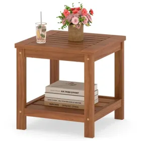Versatile 2-Tier Wooden Side Table, Easy Assembly Nightstand For Garden Living Room Poolside