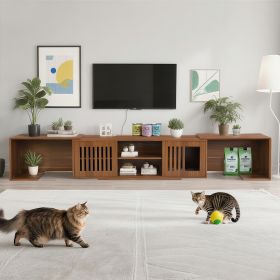 Mid-Century Modern 54.3 Extendable TV Stand Up To  With Cat House  Litter Box Enclosure  Walnut Wood Entertainment Center, Sliding Doors, Hidden Pet F
