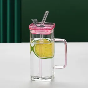 1 Pcs Pink Glass Straw Cup, 6 Colors Square Glass Cup With Straw And Lid, High Borosilicate Glass Cup, Milk Cup, Juice Cup, Cold Drink Cup, Coffee Cup