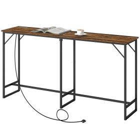 70" Bar Table with Charging Station, Industrial Rectangular Bar Height Pub Table with Steel Frame, Rustic Brown