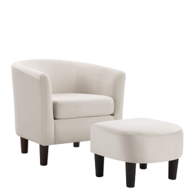 Velvet Accent Chair With Ottoman, Modern Barrel Chair Armchair For Living Room, Bedroom, White