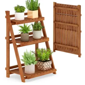 Acacia Wood 3-Tier Ladder Plant Stand, Foldable Indoor Outdoor Display Rack