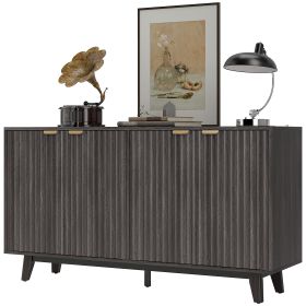 Fluted Sideboard Buffet Cabinet, 55" Coffee Bar Cabinet with 4 Doors, 2 Adjustable Shelves, 5 Wood Legs, Dark Gray