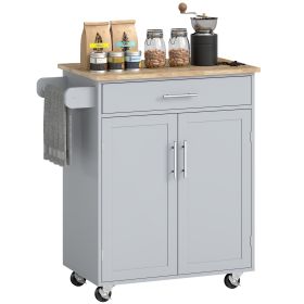 Kitchen Island Cart, Rolling Island Table with Solid Wood Top, Trolley Cart with Drawer, Storage Cabinet & Towel Rack, Gray