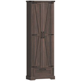 71" Pantry Cabinet, Kitchen Storage Cabinet with Adjustable Shelves, Barn Doors and Drawer for Dining Room, Brown