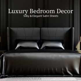 Satin Bed Sheets, King Size Sheets Set, 4 Pcs Silky Bedding Set With 15 Inches Deep Pocket For Mattress  King, Black