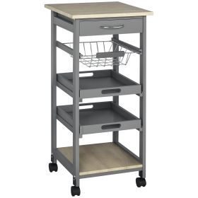 Mobile Kitchen Cart, Rolling Kitchen Island with Storage, Solid Wood Frame Utility Cart with Wire Fruit Baskets, Trays and Drawer, Gray