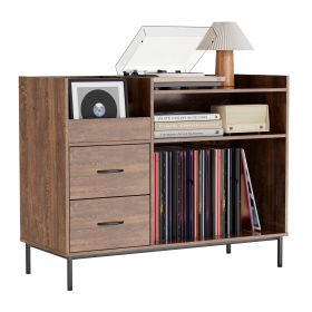 Record Player Stand With Adjustable Shelves, Holds 350 Vinyls, Media Console With Speaker Shelf & 2 Drawers, 27.6 Turntable TV Stand For Living Room,