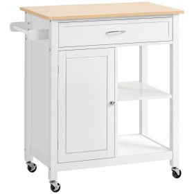 Kitchen Island Cart, Rolling Kitchen Island with Storage Shelf, Solid Wood Top, Drawer, for Dining Room, White