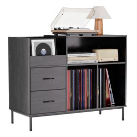 Record Player Stand With Power Outlet  Flip-Down Lid, Turntable Table With Storage For 300 Vinyls, Black Wood Grain Media Console With 2 Drawers, 27.6