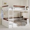 Queen Size Wooden Bunk Bed with Built-in Shelves,Storage Box,LED Light and USB Charging Station,White(ETA:6/30)