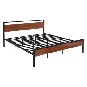 VEVOR King Size Bed Frame, 14 Inch Black Metal Platform Bed Frame with Retro Brown Wooden Headboard and Footboard, Large Under-Bed Storage