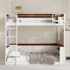 Queen Size Wooden Bunk Bed with Built-in Shelves,Storage Box,LED Light and USB Charging Station,White(ETA:6/30)