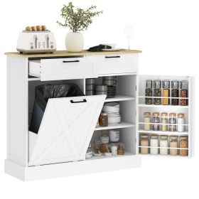 10 Gallon Farmhouse Kitchen Cabinet with Hidden Trash Can and 2 Drawers, Tilt Out Trash Can Cabinet for Kitchen, White