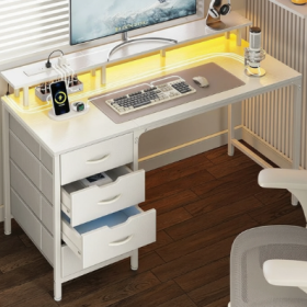 Computer Desk With A Power Socket And LED Light, A Game Desk With Four Drawers, And An Office Desk With A Monitor Stand---white.47in