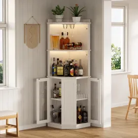 67.3" Corner Bar Cabinet With Power Outlet, Farmhouse Wine Bar Cabinet With Adjustable Shelves For Home,with Lights & Glass Rack For Dining Room, Livi