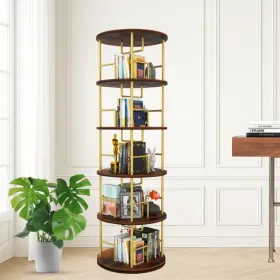 5 Tier Rotating Bookshelf, 360 Display Round Spinning Bookshelf, Wood & Metal Stackable Spinning Bookshelf Tower, Space Saving Floor Standing Swivel B