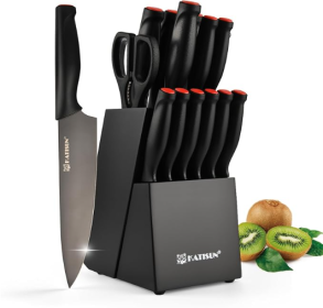 15-Piece Knife Set, High Carbon Stainless Steel Imported From Germany, Beveled Mercerized Blade, Black Titanium Stainless Steel Knives Block Set With