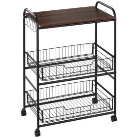 3 Tier Rolling Kitchen Cart with Storage, Kitchen Island Cart on Wheels with 2 Sliding Fruit Basket, Microwave Cart with Side Hooks for Dining Room,