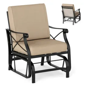 Black Metal Patio Glider Chair With Brown Washable Cushion, 330 Lbs Capacity Ergonomic Outdoor Rocking Chair For Porch