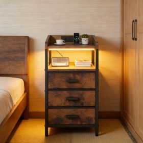 Night Stand With Charging Station And Light Bedside End Table With 3 Fabric Drawers 2 USB Ports And Outlets For Bedroom Rustic Brown (Option: Default)