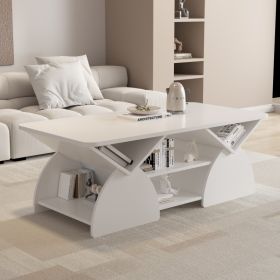 Engineered Wood Rounded Corner Rectangular Coffee Table For Living Room, Easy Assembly Storage Table With Open Shelves Sturdy Frame For Reception (Option: White)
