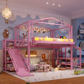 Full Size Loft Bed With Storage Stairs, Shelves And Built-in Wardrobe, Metal Loft Bed Frame With USB Ports And LED Lights, Noise-reduced Design, (Option: Pink)