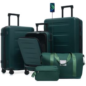 Luggage Sets 5 Piece With Front Opening, Hardside Expandable Carry On Suitcase Set With Double Spinner Wheel, Lightweight Travel Luggage With USB (Option: Dark Green)