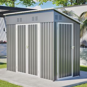 4x8 Slope-Roof Reinforced Storage Shed With Weatherproof Sloping Roof & 4 Air Vents, Heavy-Duty Sturdy Metal Frame, Left Right Optional Door, Out (Option: grey)