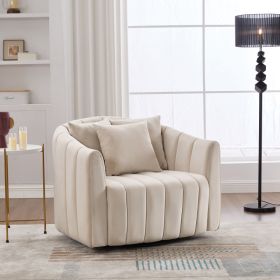 39 W Upholstered Oversized 360 Swivel Accent Barrel Chair And Half Cozy Sofa With 3 Pillows, Channel Tufted Pumpkin-Shape Club Armchair For Livin (Option: Beige)