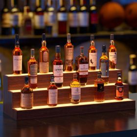 LED Lighted Liquor Bottle Display Shelf, 37 Inch Bar Display Shelf, DIY Illuminated Bottle Shelf With App & Remote Control, 3 Step Freestanding H (Option: Walnut)