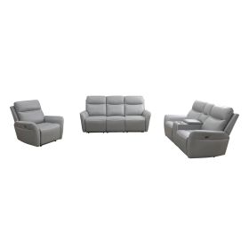 Pickup Only--Light Grey Breathing Leather 3-Piece Living Room Recliner Sofa Set (Option: GN45303PCS  C.L.S)
