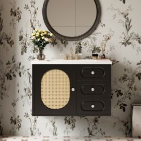 30 Bathroom Vanity With Ceramic Sink, Mid-Century Bathroom Vanity Cabinet With 2 Drawers, Bathroom Vanities Cabinet With Large Storage Space (Option: Black)