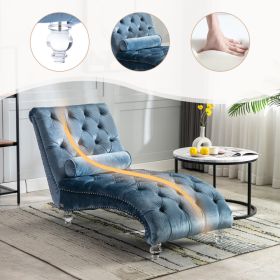 Velvet Chaise Lounge Indoor,Button-Tufted Upholstered Chaise Lounge Chair With Pillow For Bedroom Living Room Office  Light Blue Velvet (Option: Light Blue)